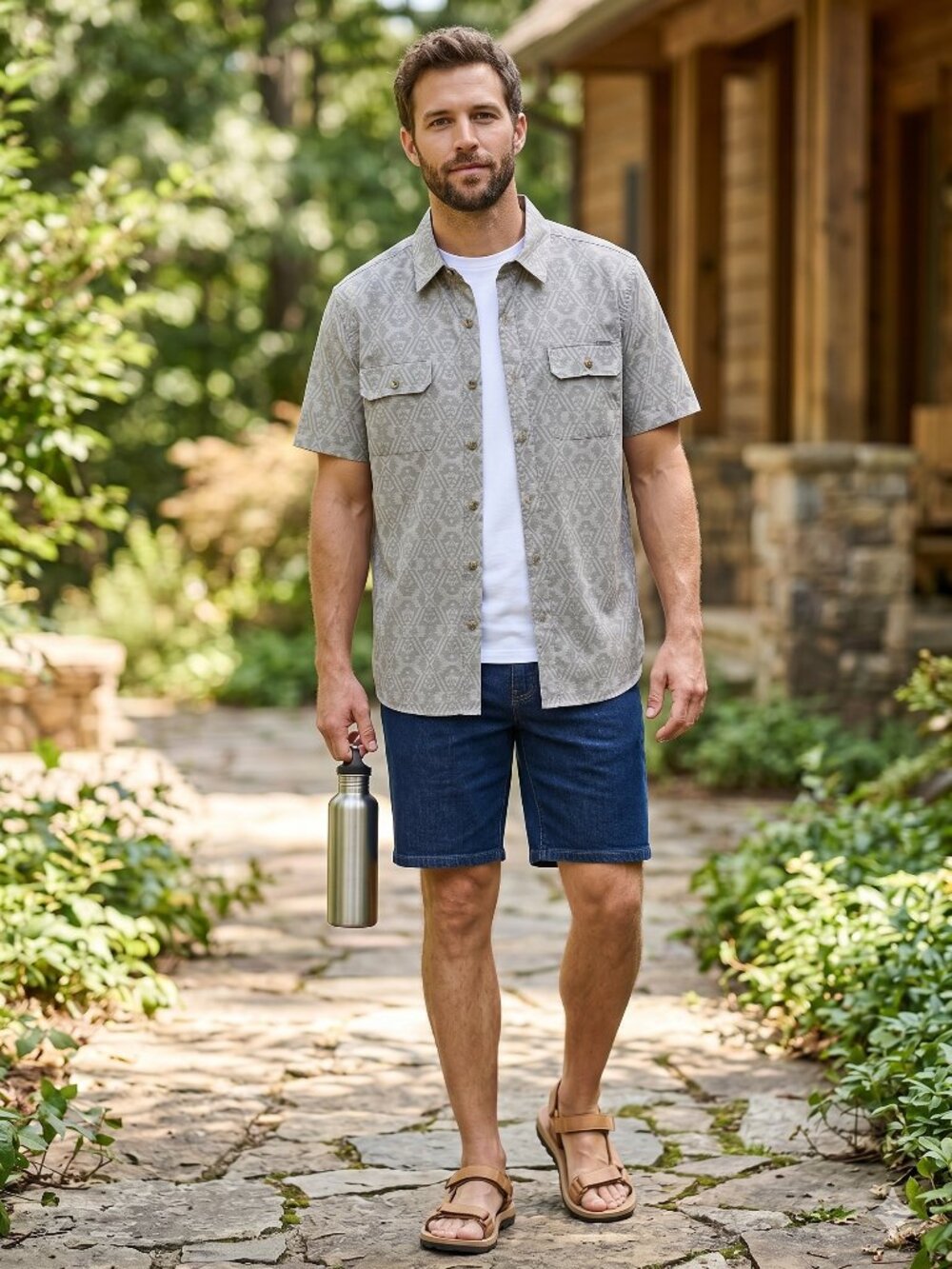 Eddie Bauer Grey Geometric Short Sleeve Button-Down Shirt